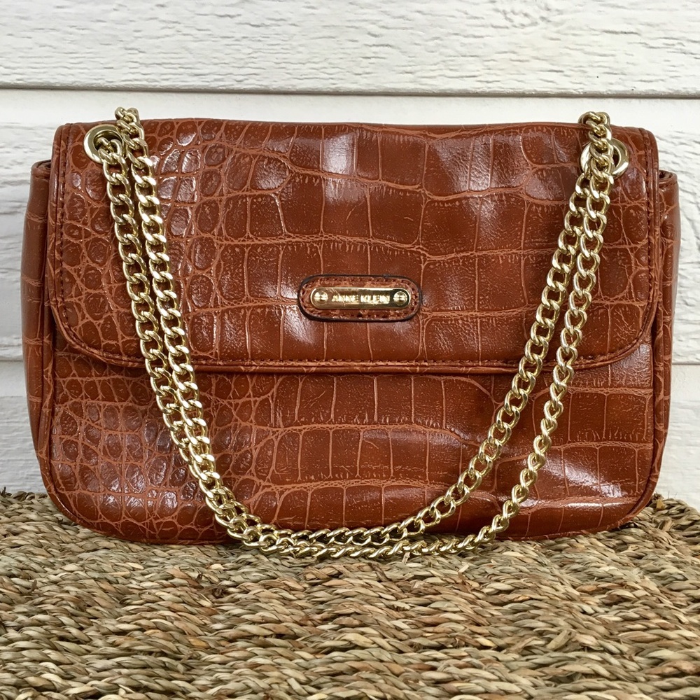 Anne Klein brown crocodile purse with chain strap